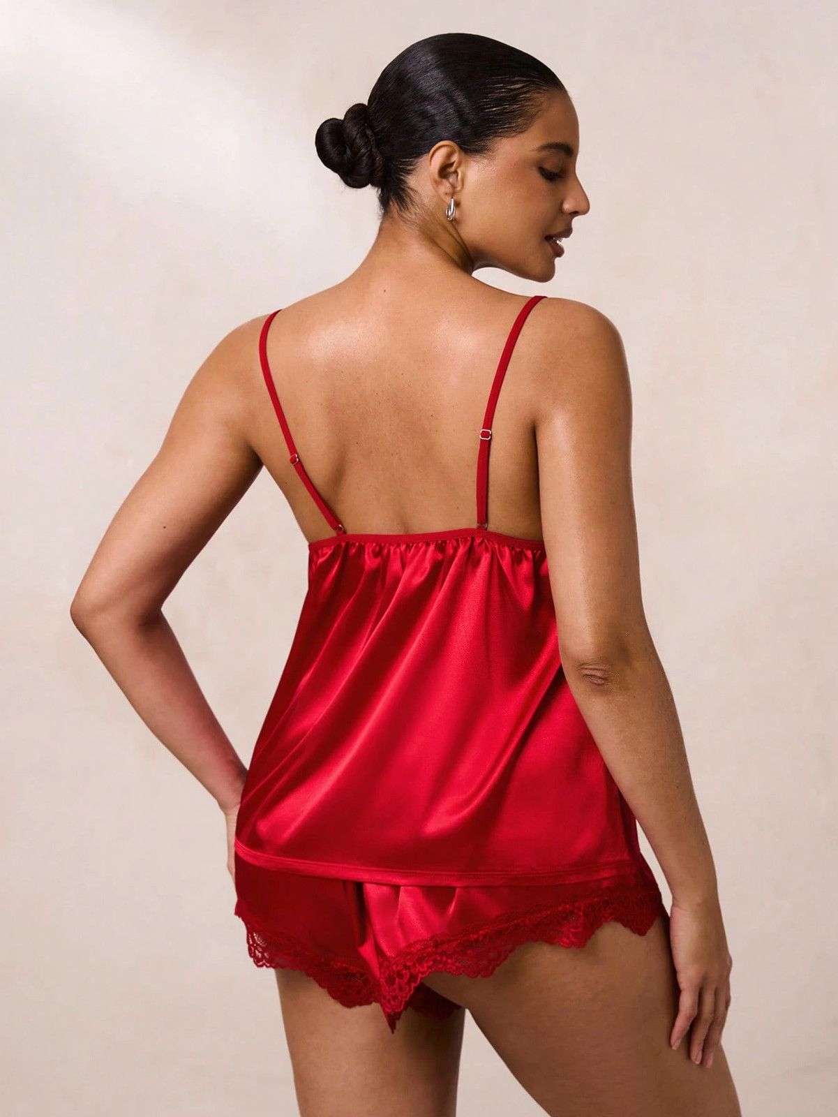 BAE Satin Cami Top & Shorts Pyjama Set with Lace Trim, Big Sizes Cheap24
