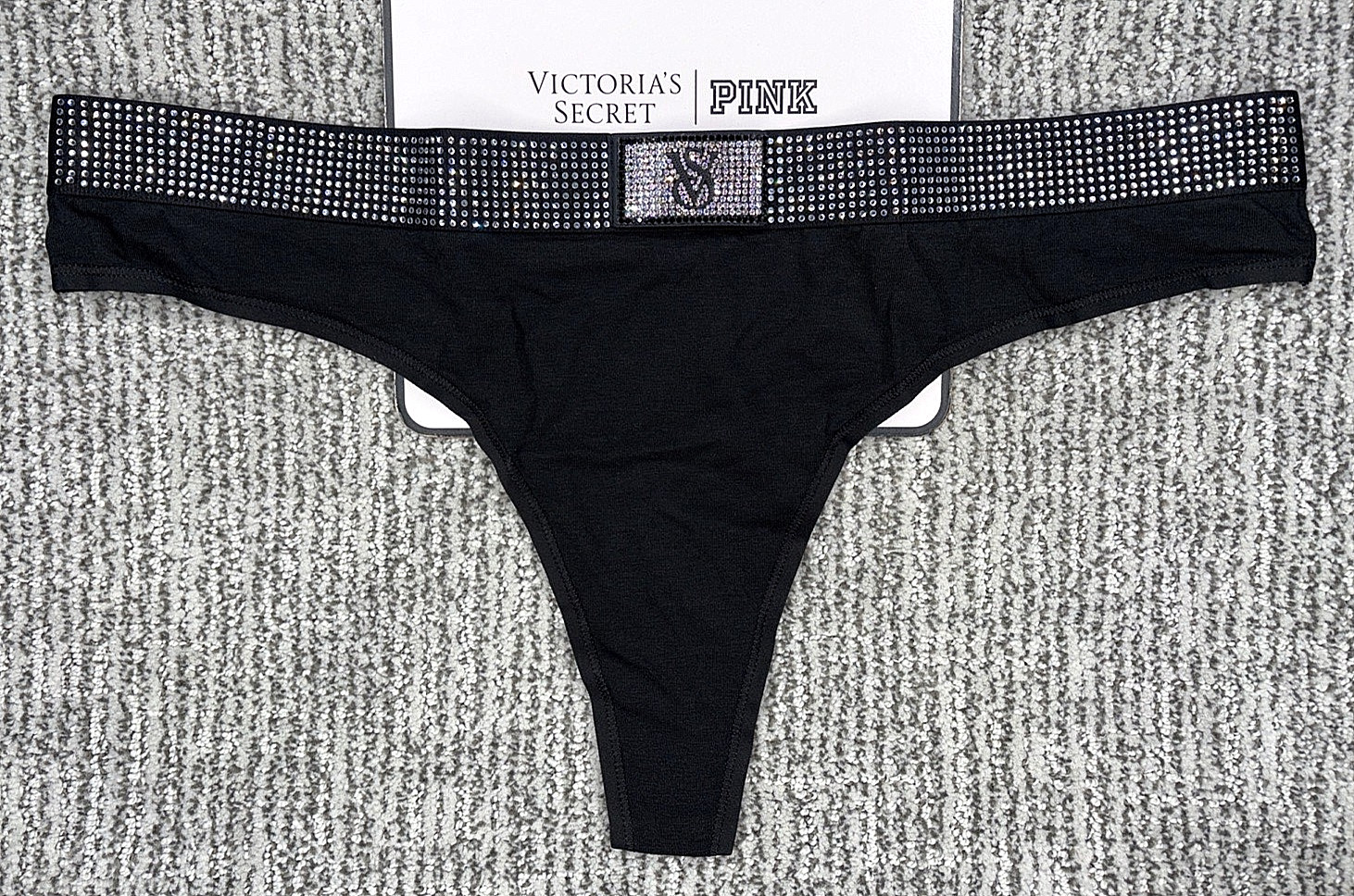 Victorias Secret NWT XL Black Rhinestone Waist Shine Patch Thong Panty Logo Sexy