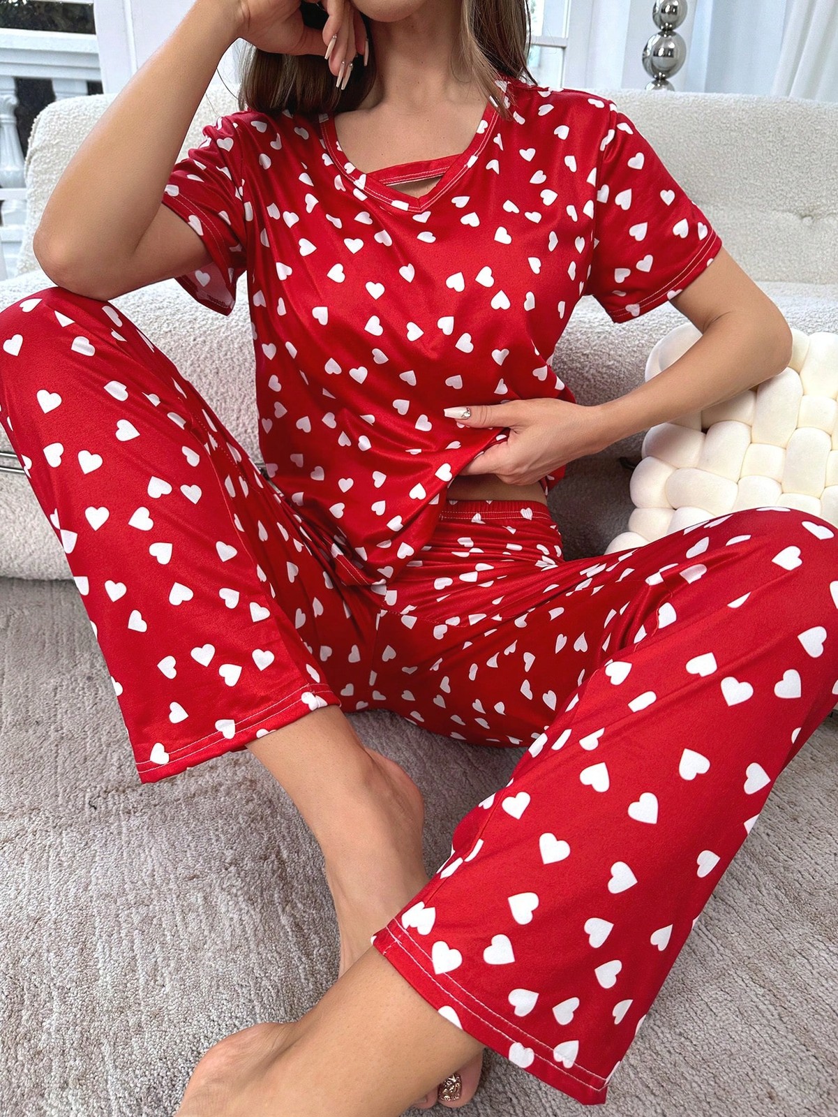DUSKBASE Heart Pattern T Shirt & Trousers Pyjama Set For Plus Size Cheap24