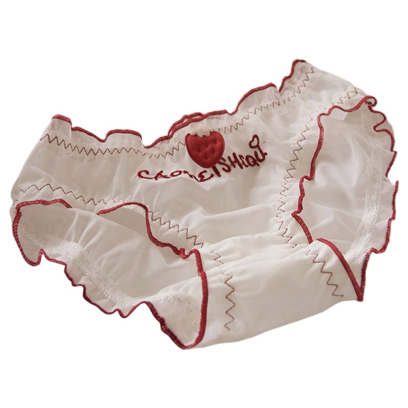 Breathable Mesh Underwear with Sweet Strawberry Design Ruffle Trim Panties Brief