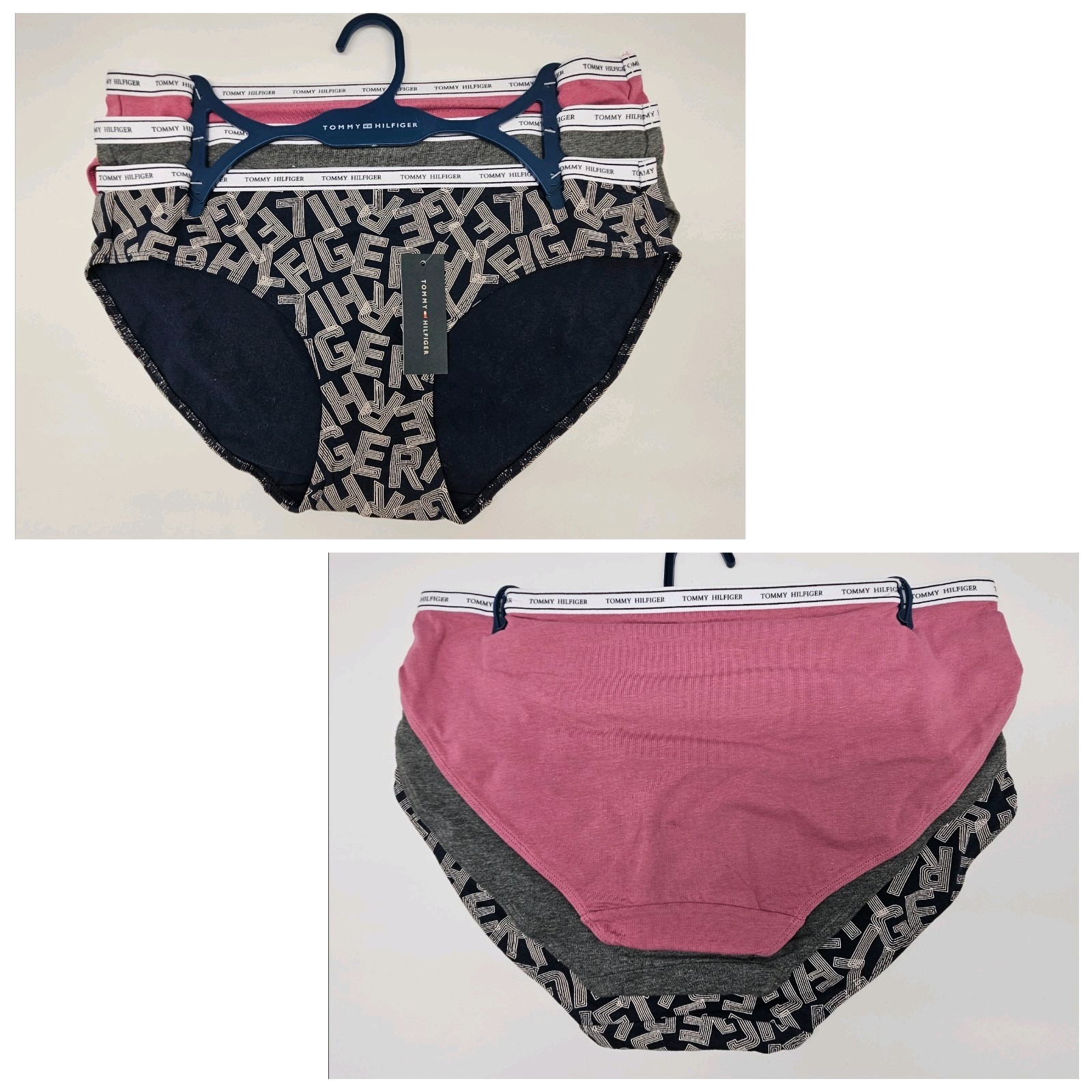 TOMMY HILFIGER 3 Pack Women’s L XL Logo Cotton Bikini Panties Mauve Gray Navy