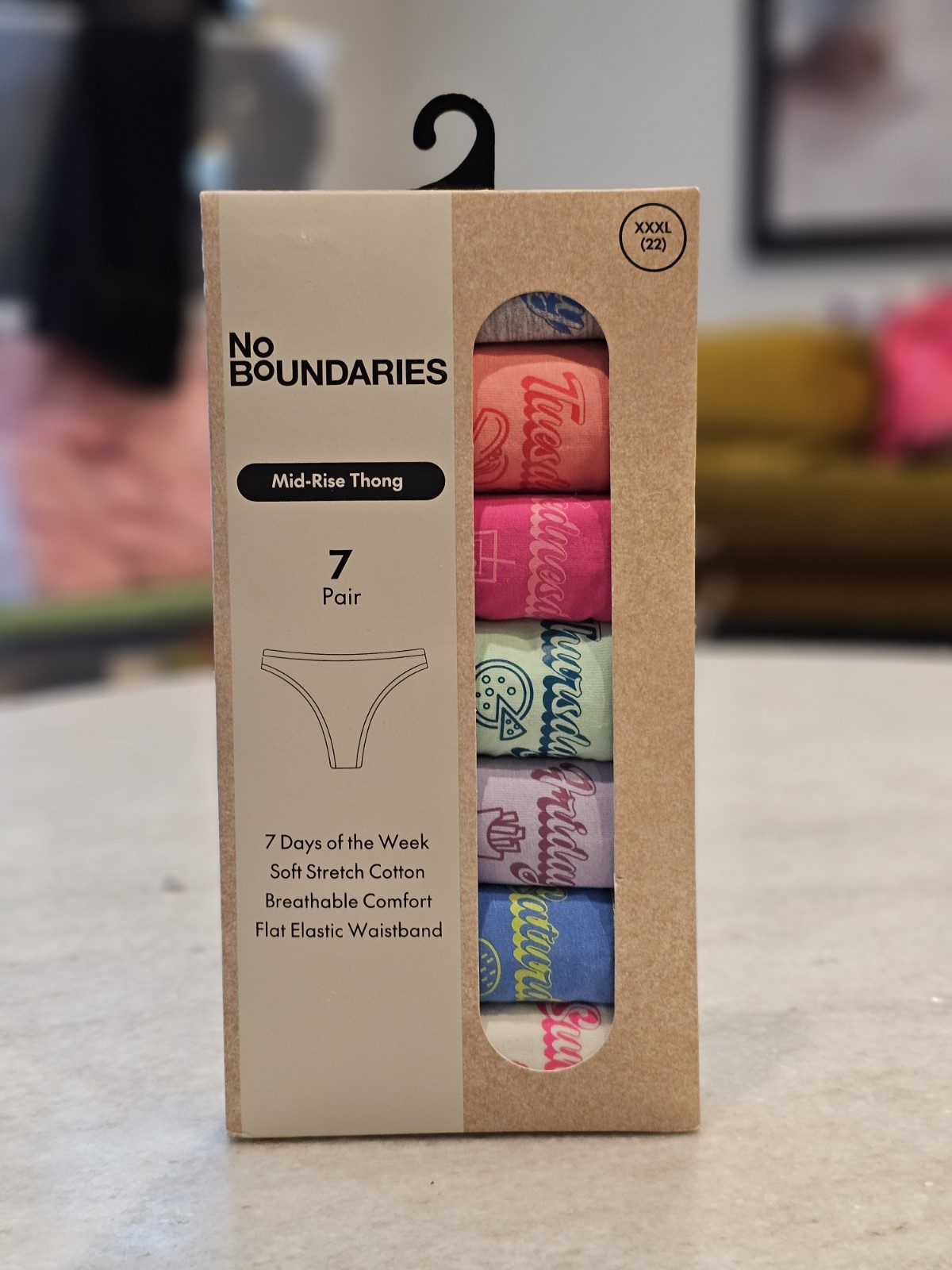 No Boundaries Cotton Thong Panties, Days of the Week – 7 Pack, Womens XXXL
