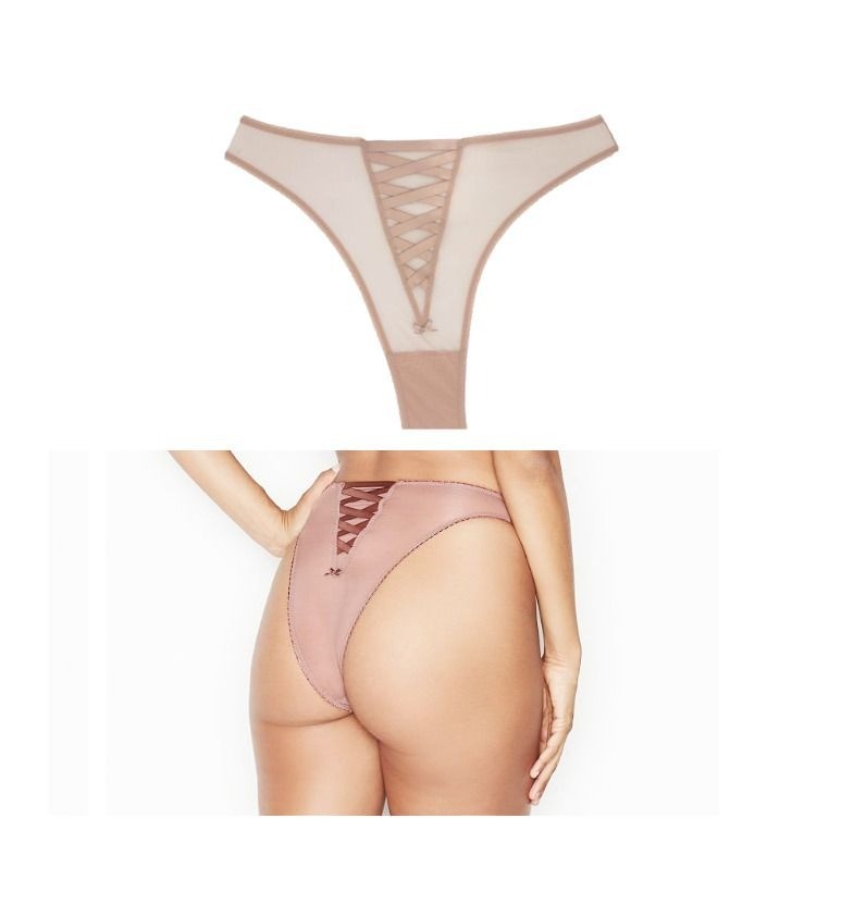 ❤️Victorias Secret BRAZILIAN PANTY DREAM ANGELS TULLE Sz L Tan lace up Sheer New