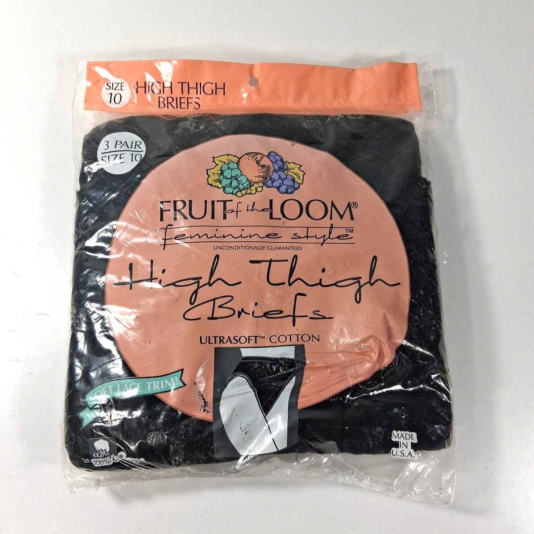 NOS 1990 Fruit of the Loom High Thigh Briefs Womens 10 Black Panties 3 Pack USA