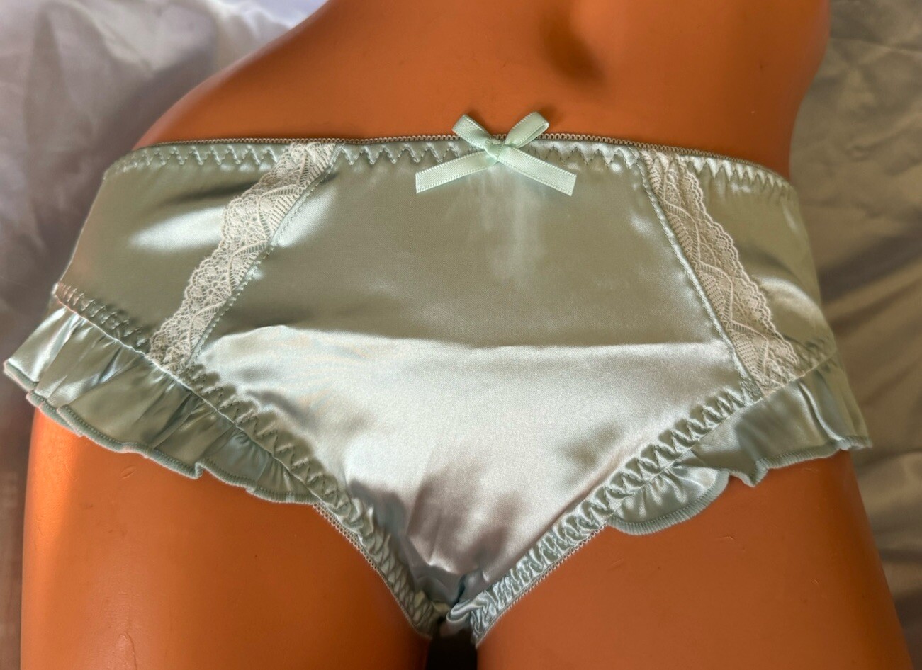 Light Baby Blue Shiny Satin Ruffle Hip Bikini Brief Panties White Lace Sz XL