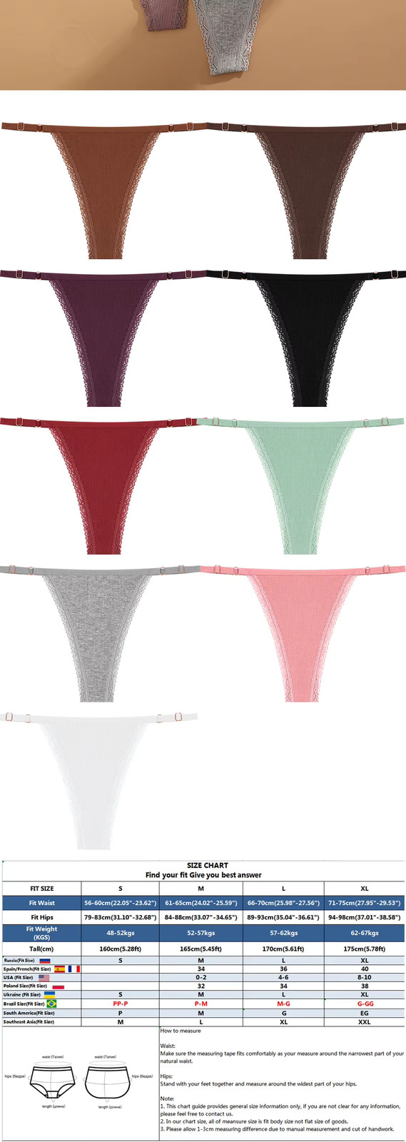 5 Cotton Panties G-String Women’s T-Back Lingerie Briefs Adjustable Waist Thong