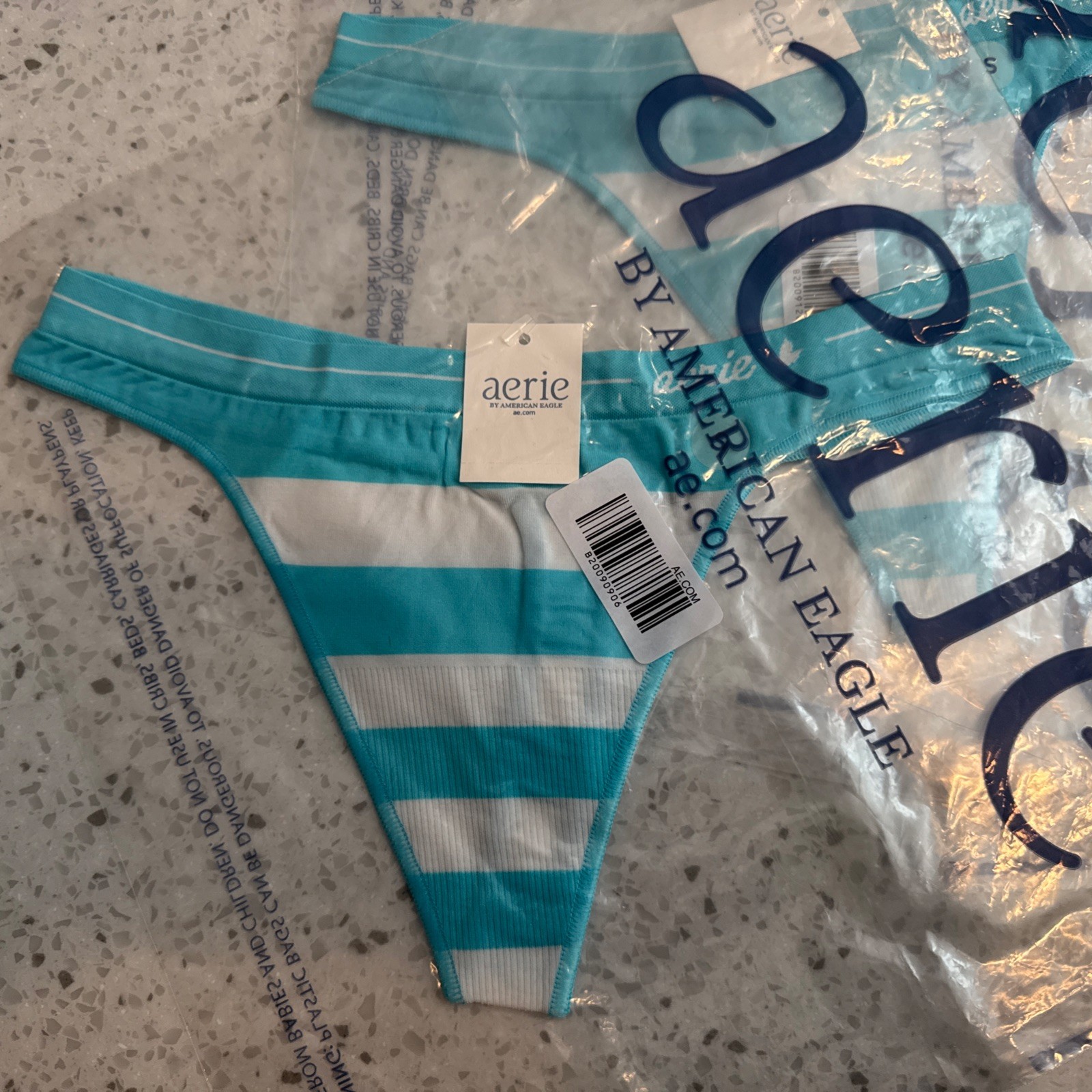 Sexy Women’s Rare Aerie Low-Rise Teal & White Striped Ribbed Thong – Small