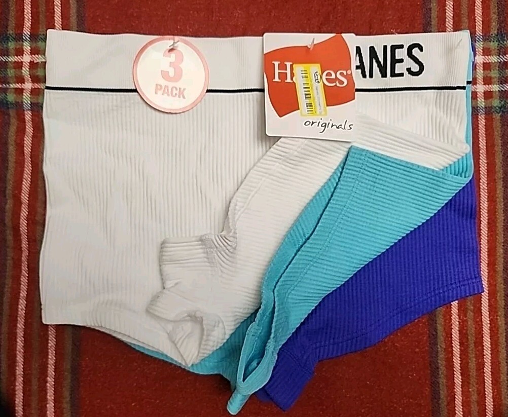 3pk. Hanes Women’s Original Ribbed Teal/Indigo/White Boy Shorts Size Small