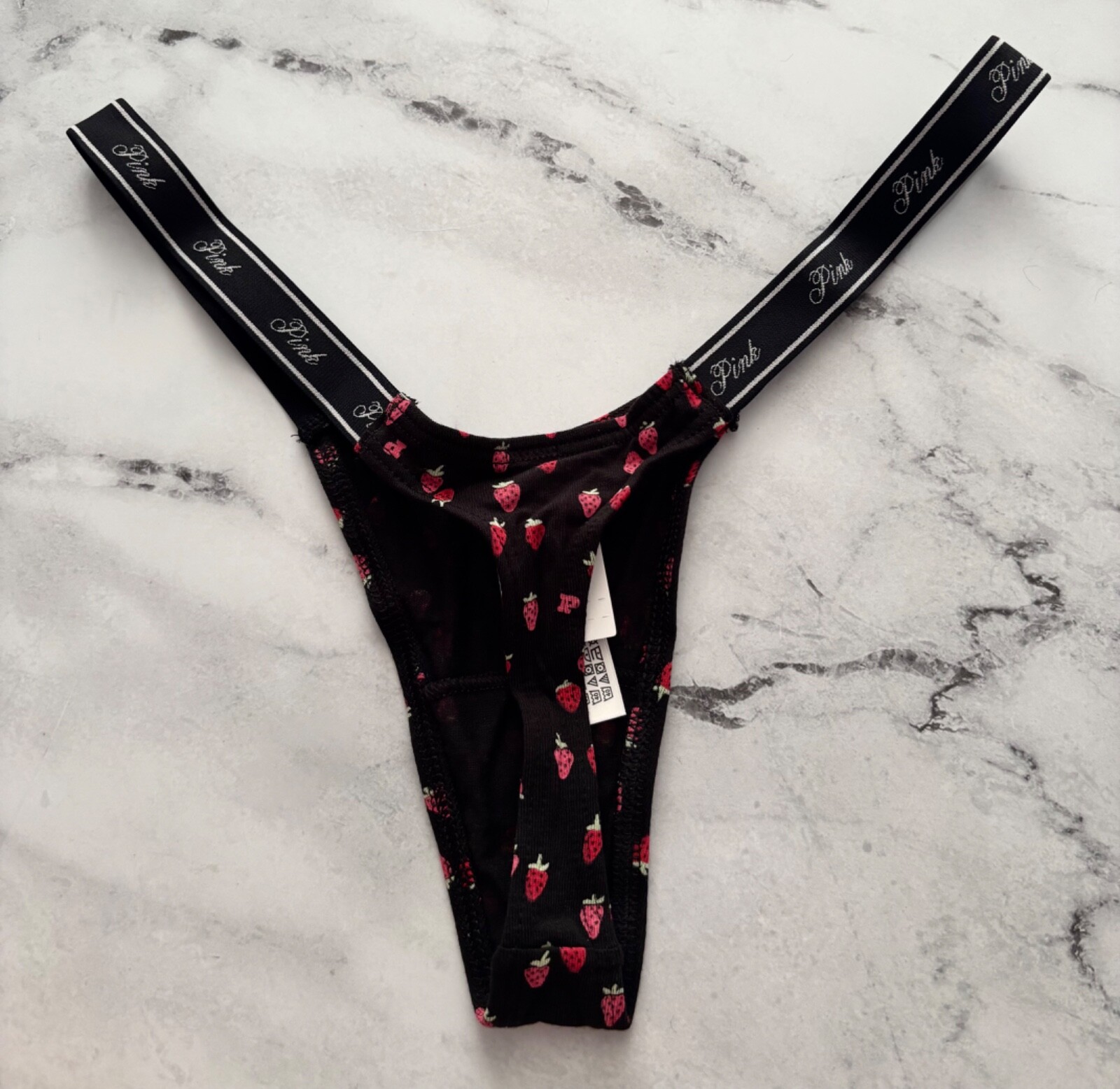 PINK Victoria’s Secret Thong Panty Black Strawberry Logo Extra Low Rise S M L XL