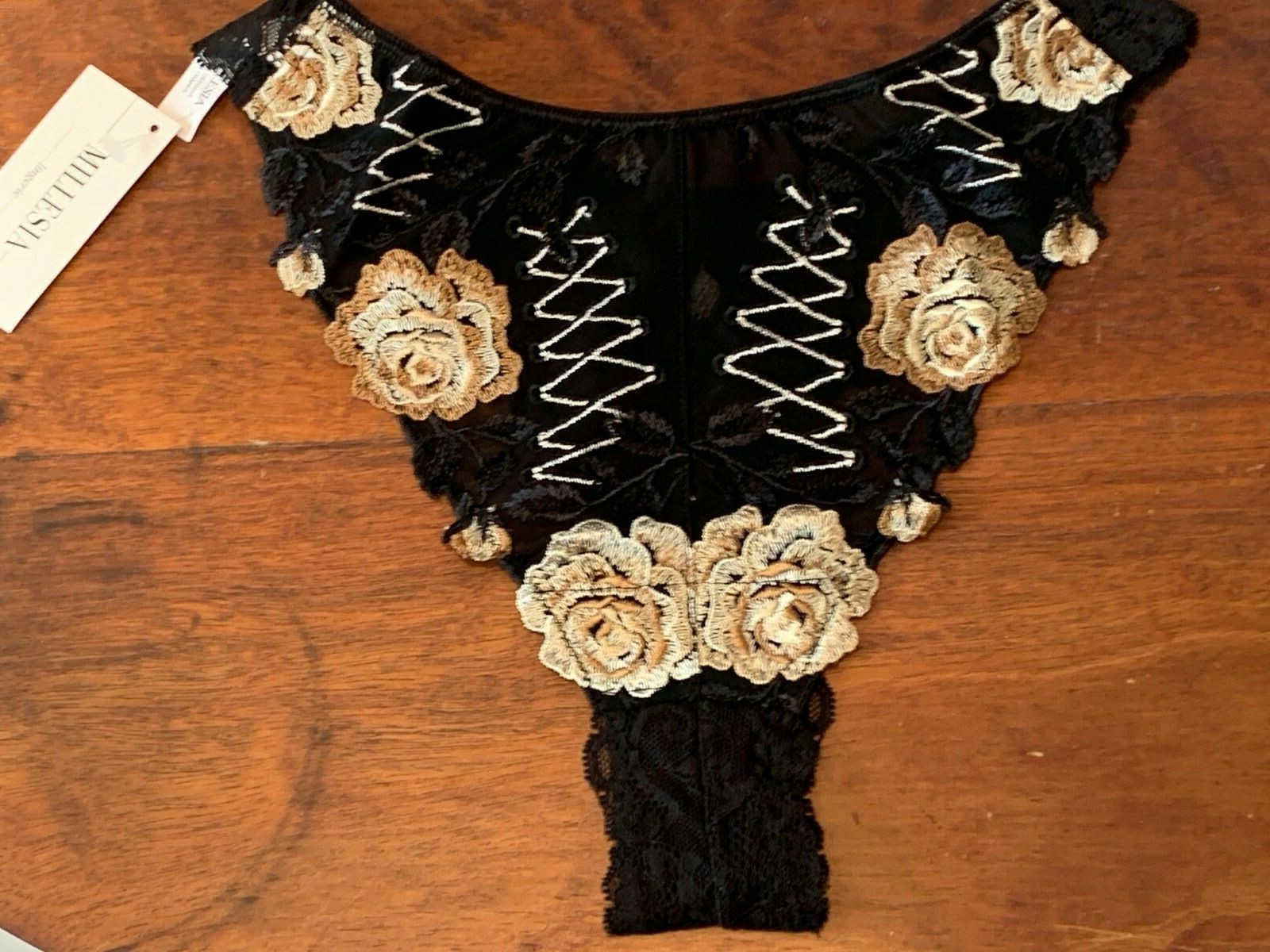 MILLESIA M4689 ~ BLACK / GOLD ROSE FLORAL EMBROIDERED TANGA PANTIES ~ SMALL
