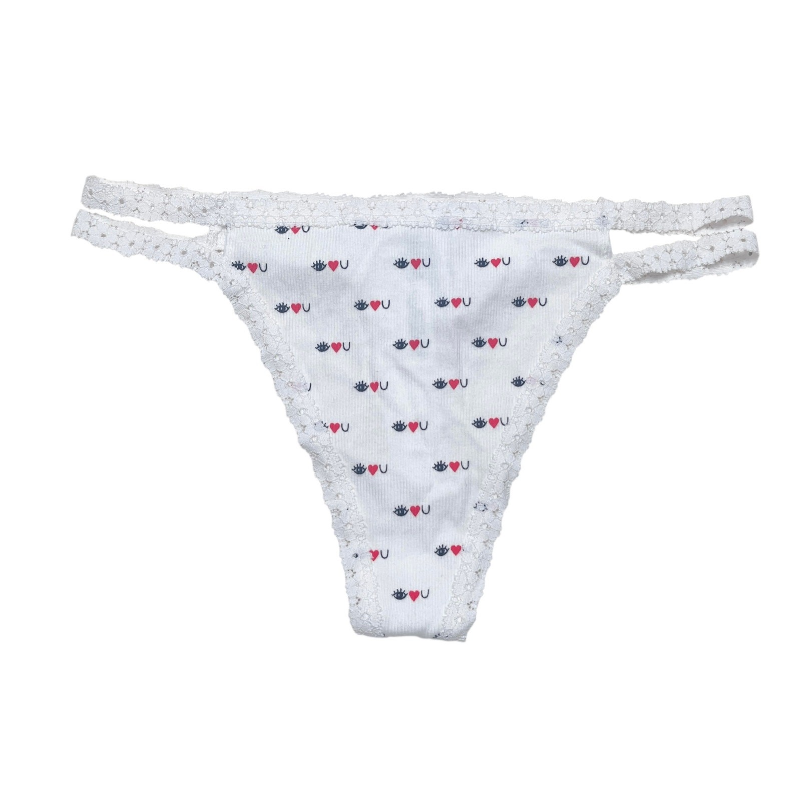 Victoria’s Secret PINK Wink Strappy Thong Panty White Eye Heart You Print Medium
