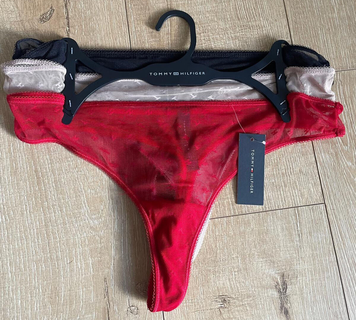 Tommy Hilfiger Womens 3-Pack Sheer Logo Mesh Thong Panties Size Large NWT $36