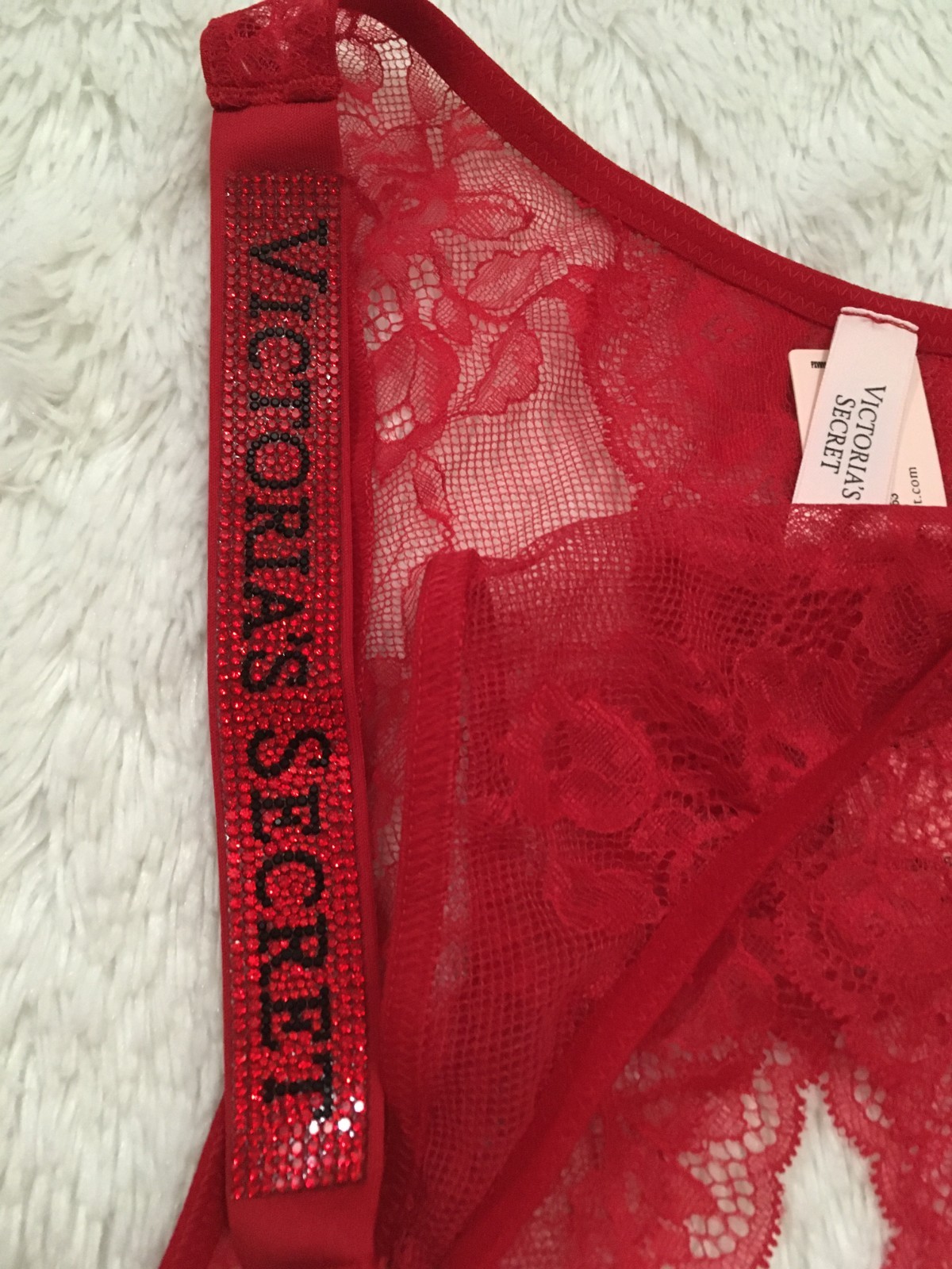 XL VICTORIA’S SECRET Shine Strap Brazilian Crotchless LACE Panty Lipstick Red
