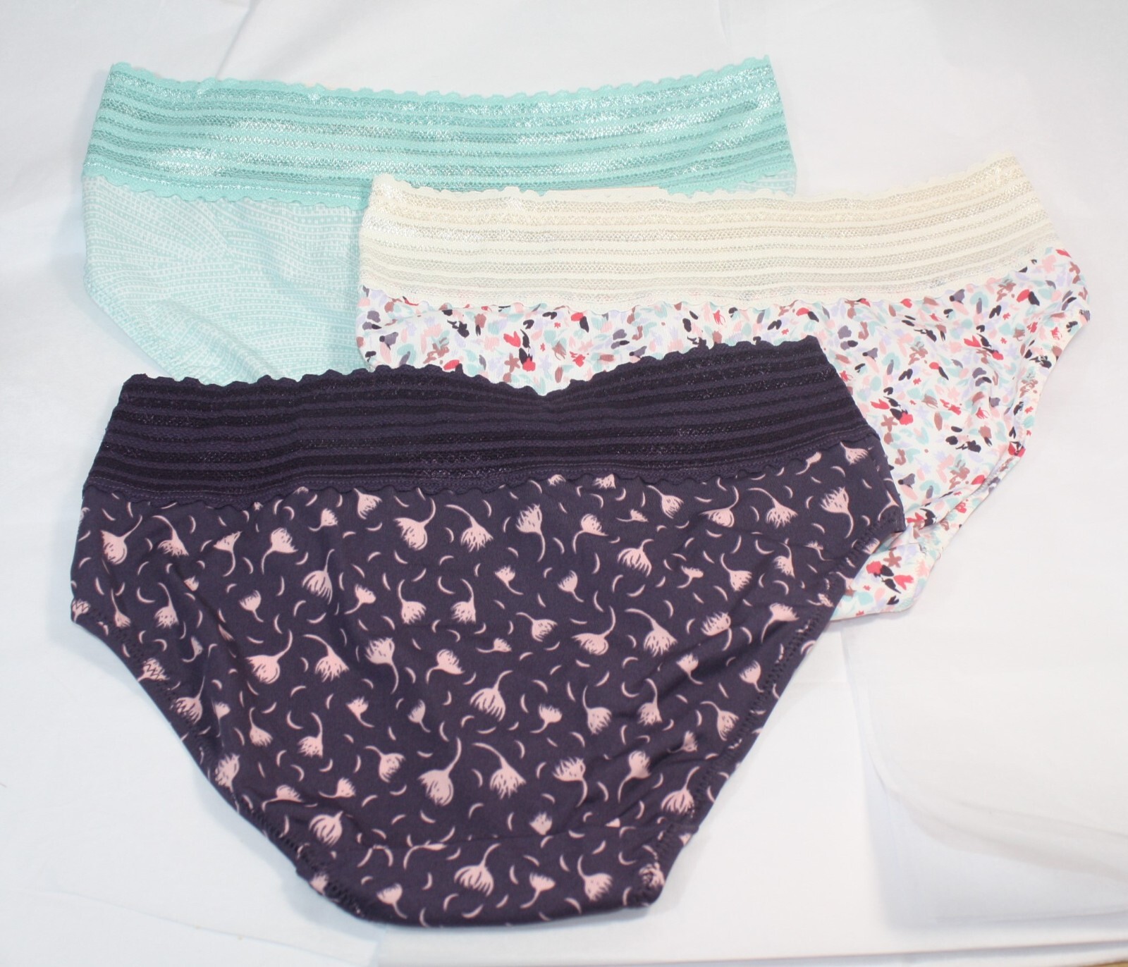 New set of 3 WARNER’S no muffin top HIPSTER panties PURPLE FLORAL GREEN IVORY