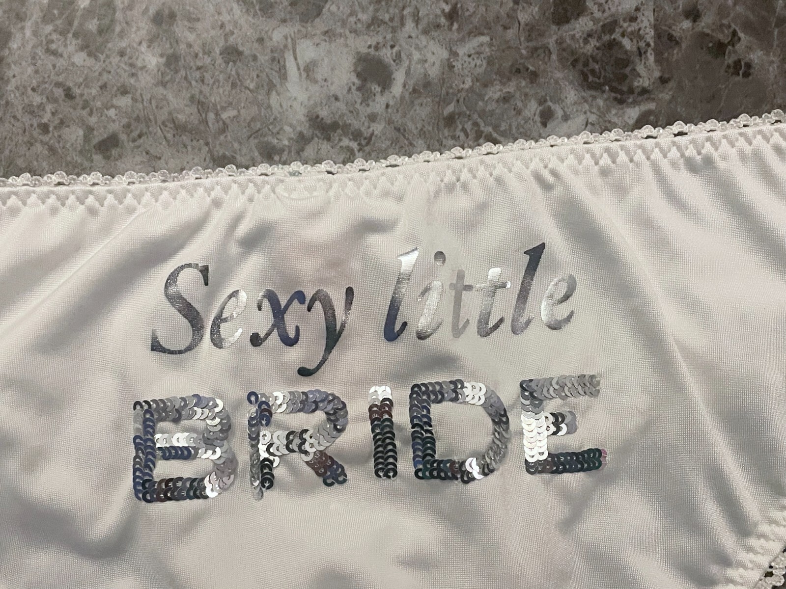 VICTORIA’S SECRET S WHITE SMOOTH SILVER SEQUIN SEXY LITTLE BRIDE RARE PANTIES