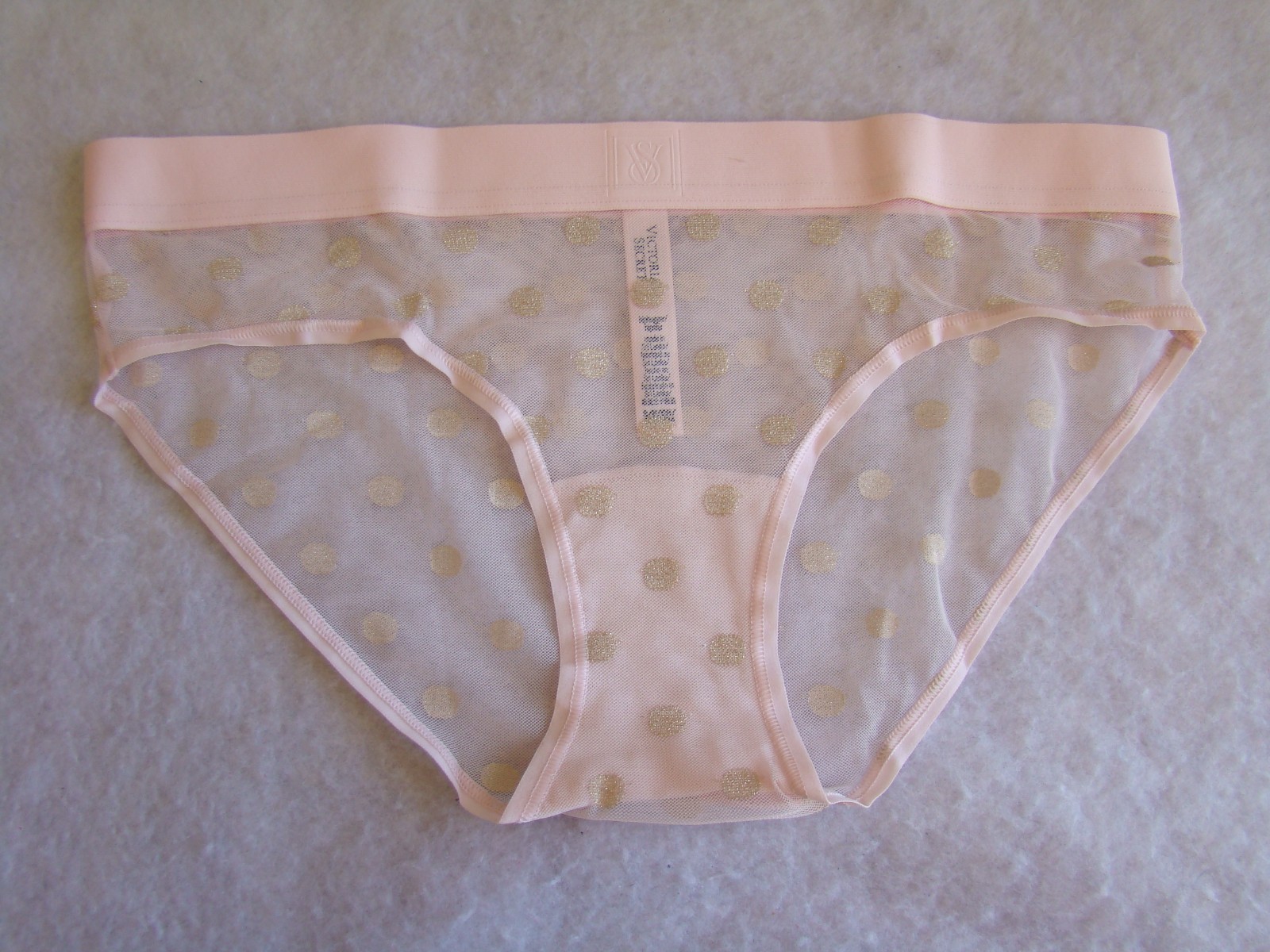 New Victoria’s Secret Pink Gold Polka Dot Sheer Shimmer Hiphugger Hipster Panty