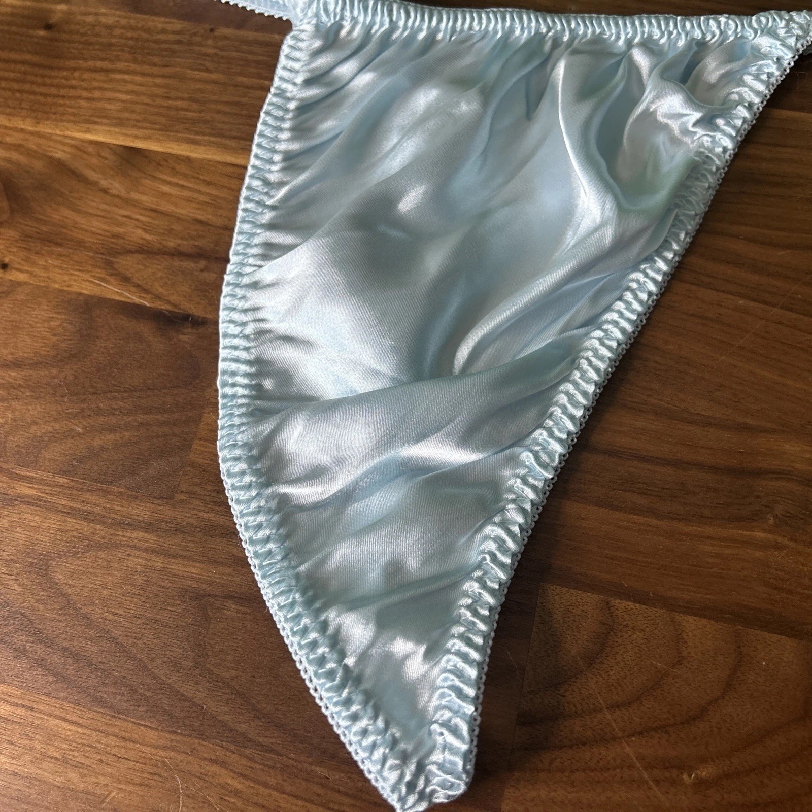 Vtg SATIN STRING BIKINI Thong PANTIES Baby Blue Second Skin Shiny Sz XL Hi Cut