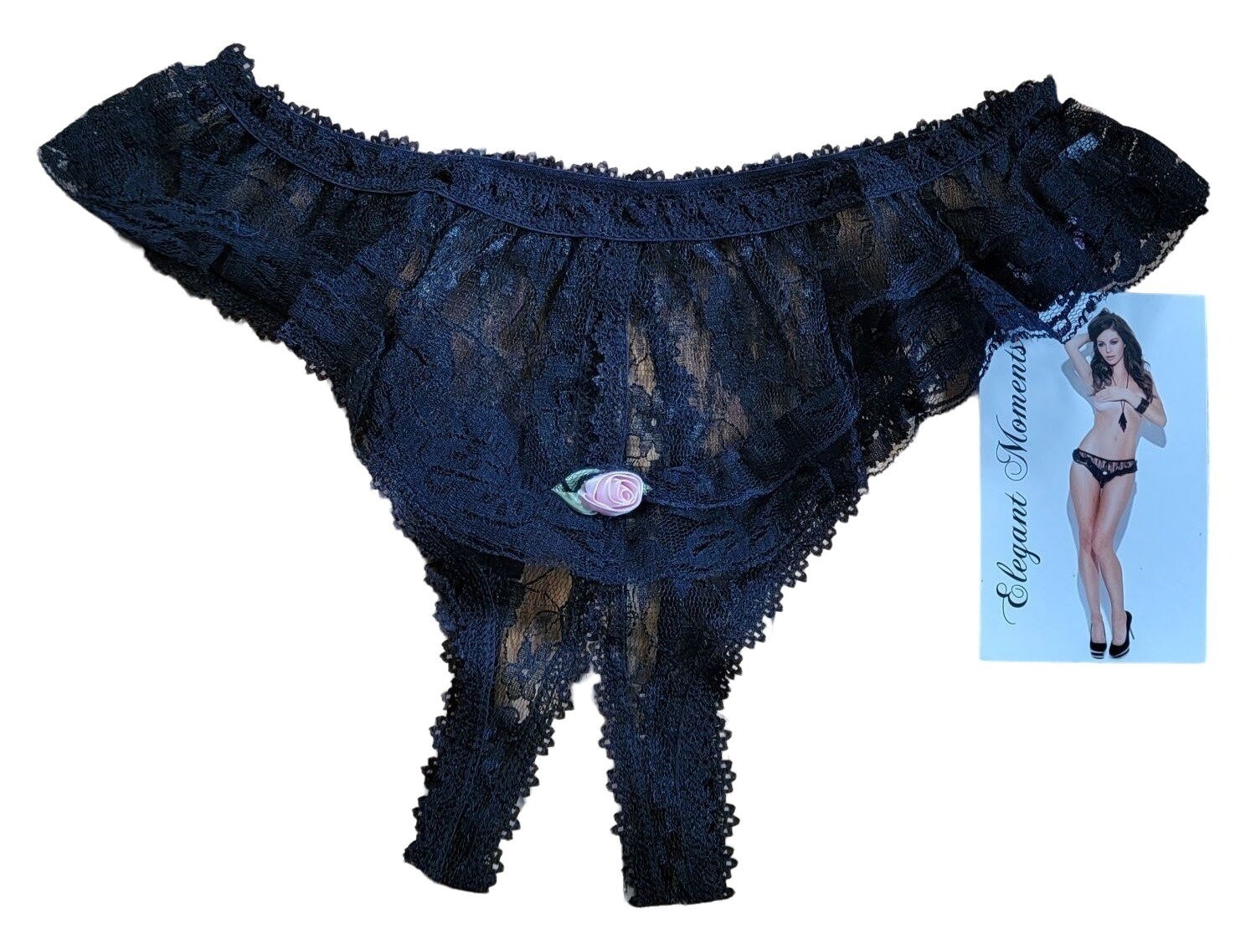 Elegant Moments Crotchless Panties One Size Black Floral Lace Rose Accent