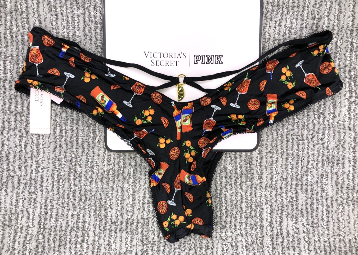 Victoria’s Secret Very Sexy NWT XXL Black Strappy Cheeky Panty Charm Oranges