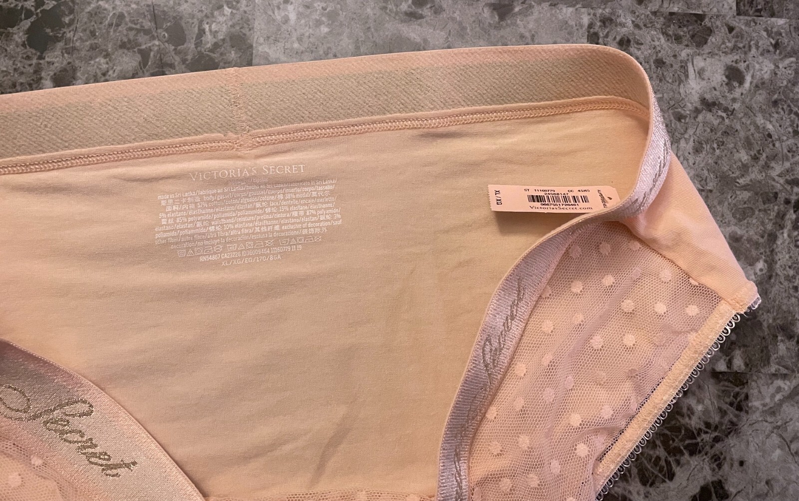 VICTORIA’S SECRET XL PEACH MESH POLKA DOT THICK LOGO BAND RARE HIPHUGGER PANTIES