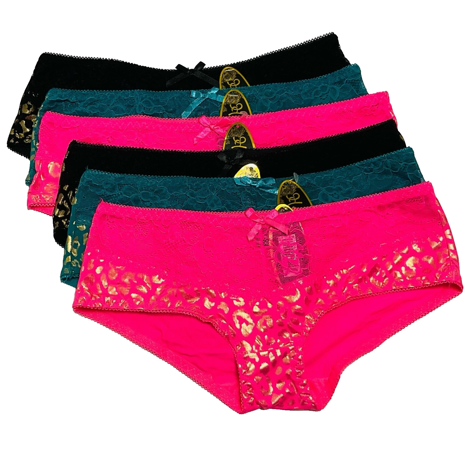 sz L – NWT 6 pcs Floral Lace / Golden Leopard Panties