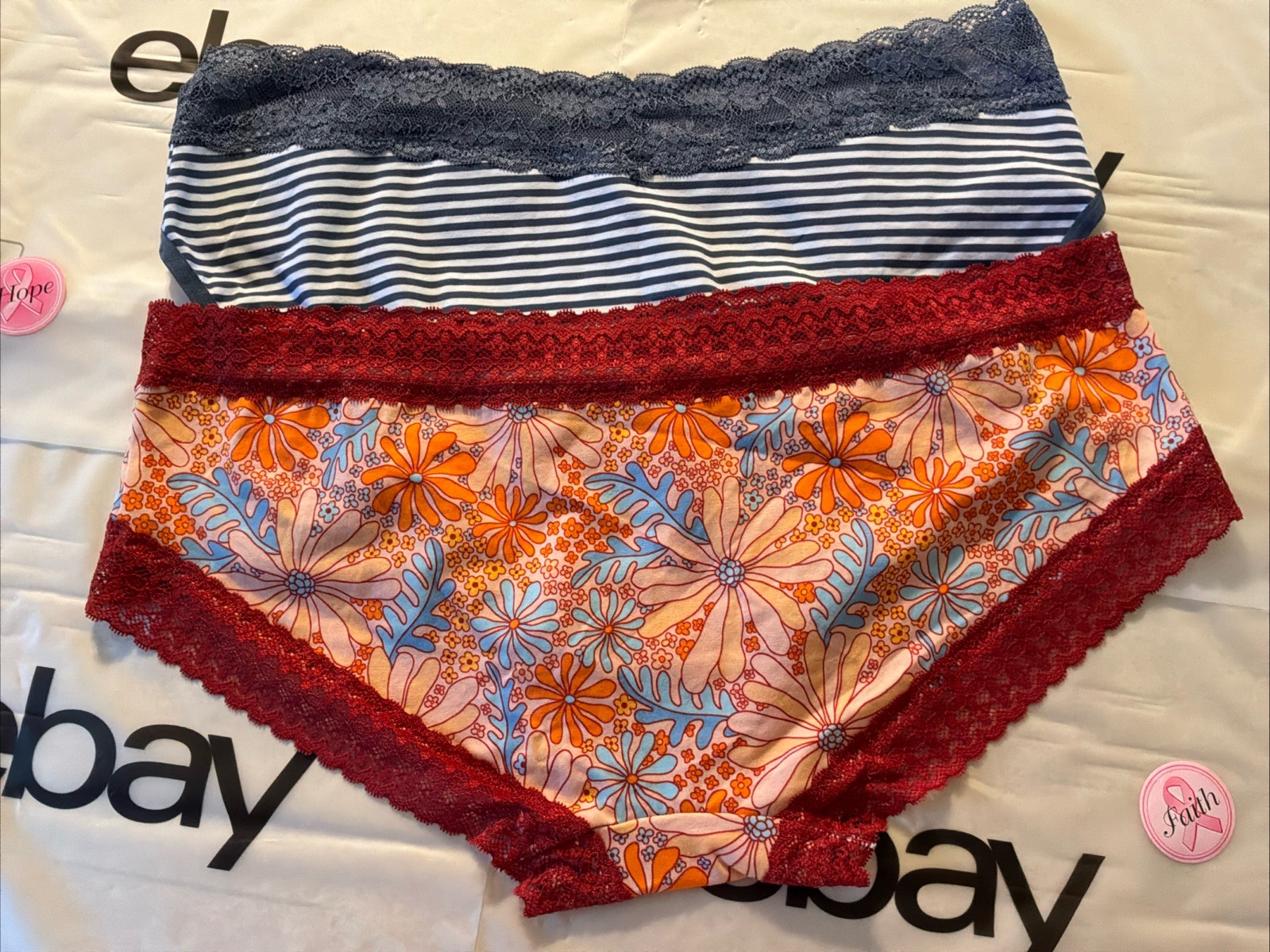 NWT Splendies Cotton Bikini 1XL Panties 1-Blue Stripe & 1-Orange Floral LaceTrim