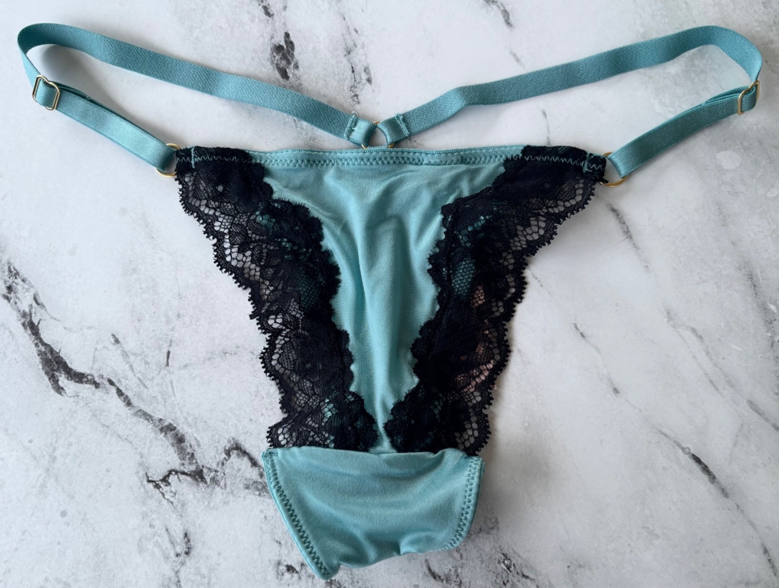 Victoria’s Secret V String Panty Dusty Turquoise Lace Trim Adjustable L XL