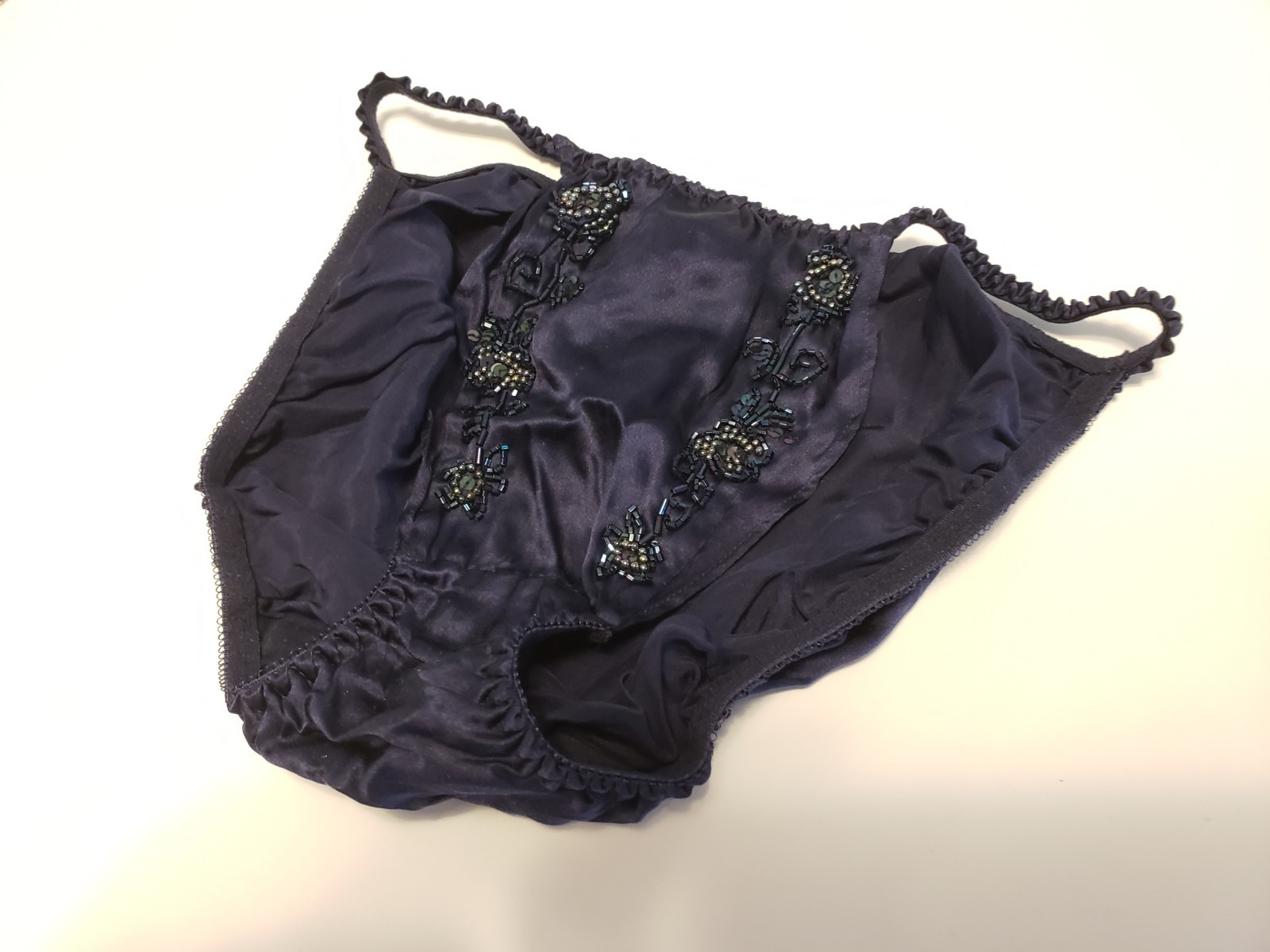 Victoria’s Secret Silk Satin String Bikini Navy Blue Floral Beaded Medium