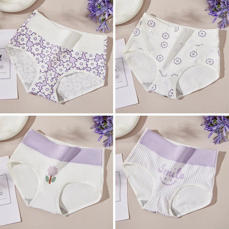 High Waist Cotton Panties Slimming Printed Women’s Breathable Briefs M 4XL 4 Pcs