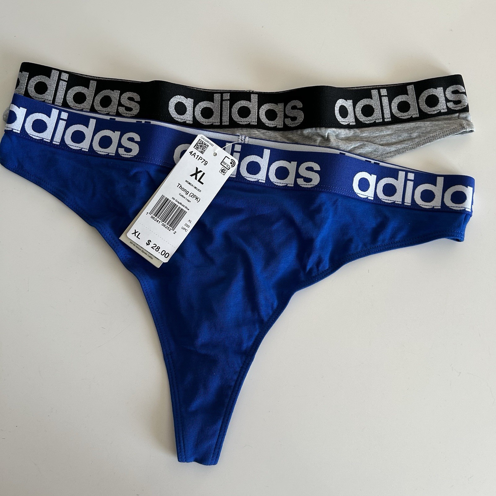 adidas Women’s Cotton Logo Thong 2pk Size XL in Blue and Grey