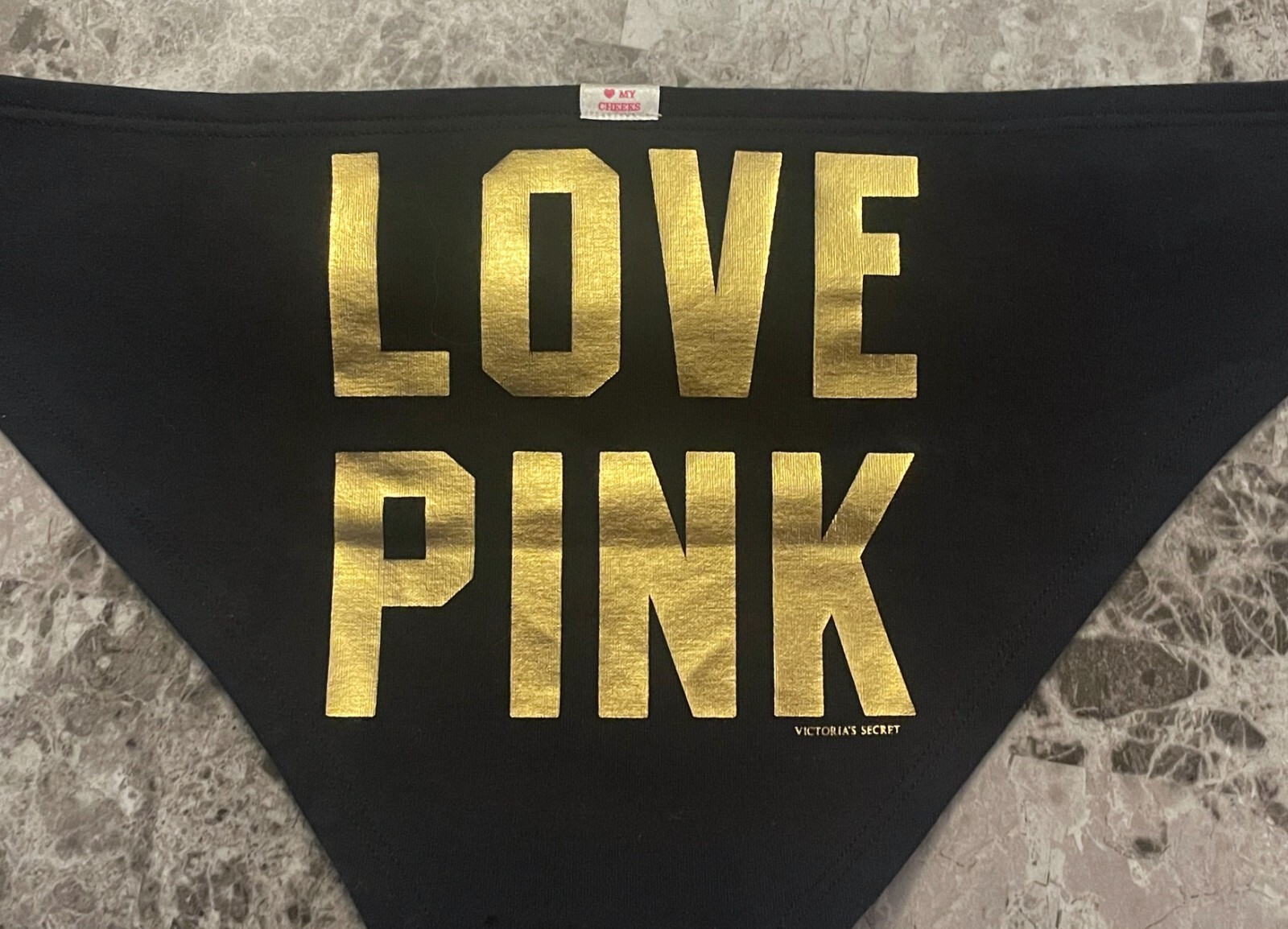 NWT VICTORIA’S SECRET PINK L GOLD LOGO RUCHED VINTAGE RARE CHEEKY BIKINI PANTIES