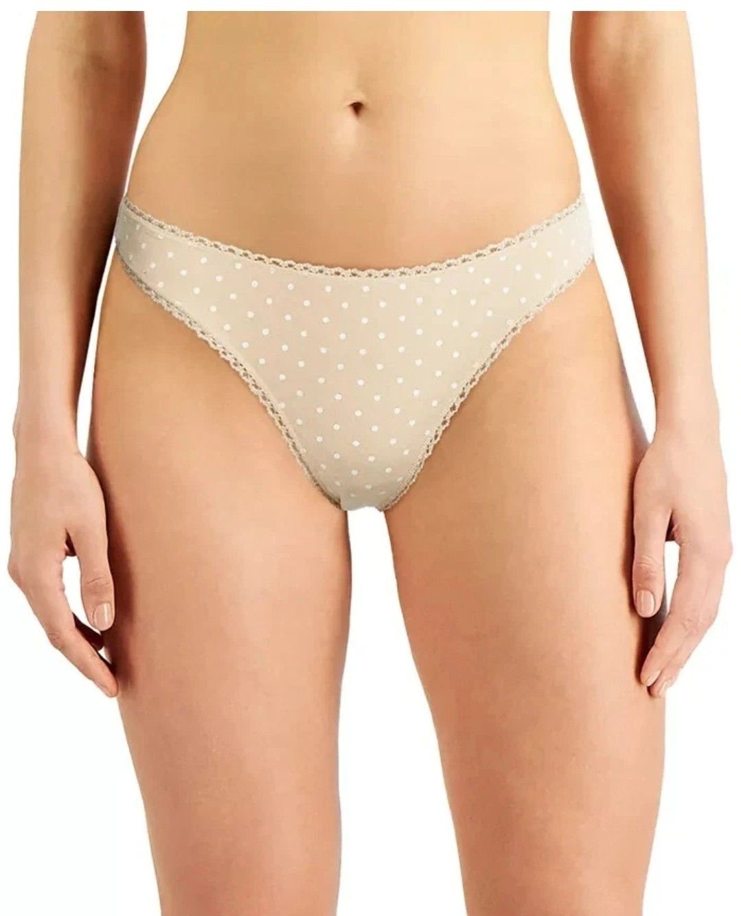 Charter Club Women’s Everyday Cotton Lace Trim Thong, Beige, Size L, NWT