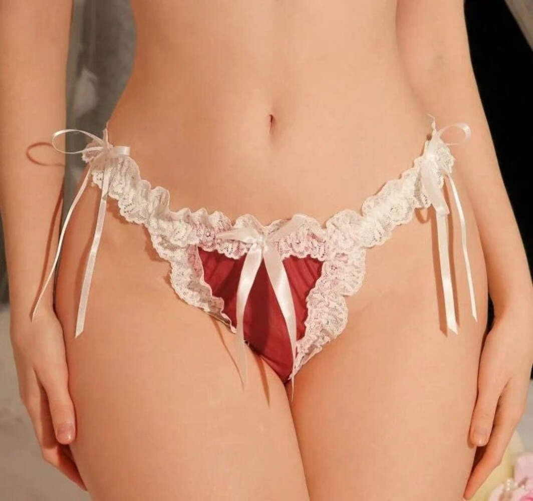 Semi-Sheer panties tanga knickers Red frilly lace trim satin bows size XL/16-18