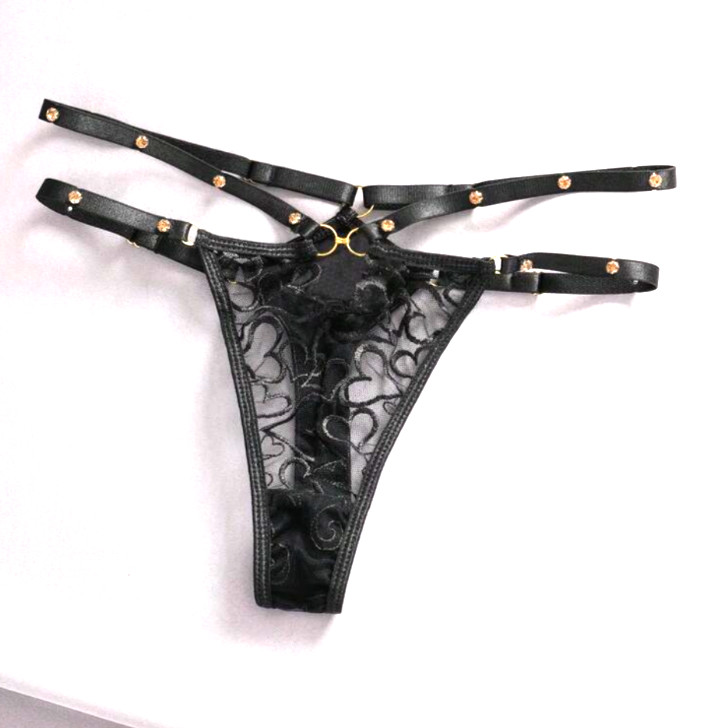 Women’s Heart Embroidery patchwork Metal Buckle Rhinestone Rivet Thong Panty XL
