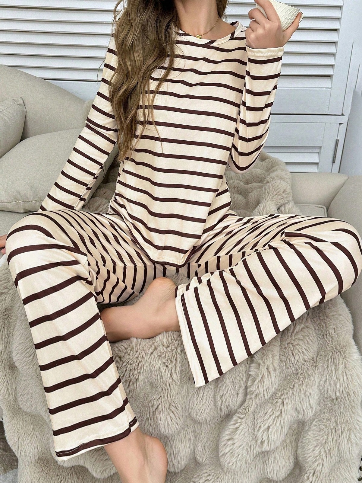 Striped Long Sleeve Top and Trousers Elegant Ladies Pyjama Set For Cheap24