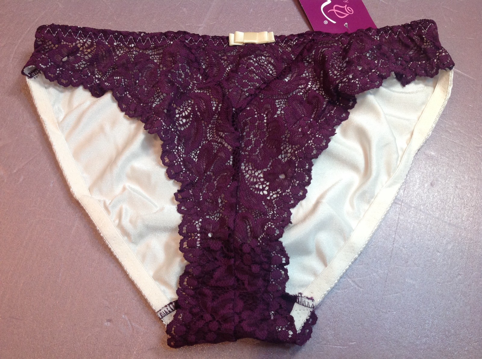 Women Panties Bikinis ILUSION Size XL Purple Floral Fishnet W/beige satin Back