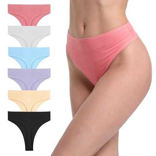 6 Pack Women’s Ribbed Cotton Thongs High Waist XX-Large 6 Pcs High Thong-a