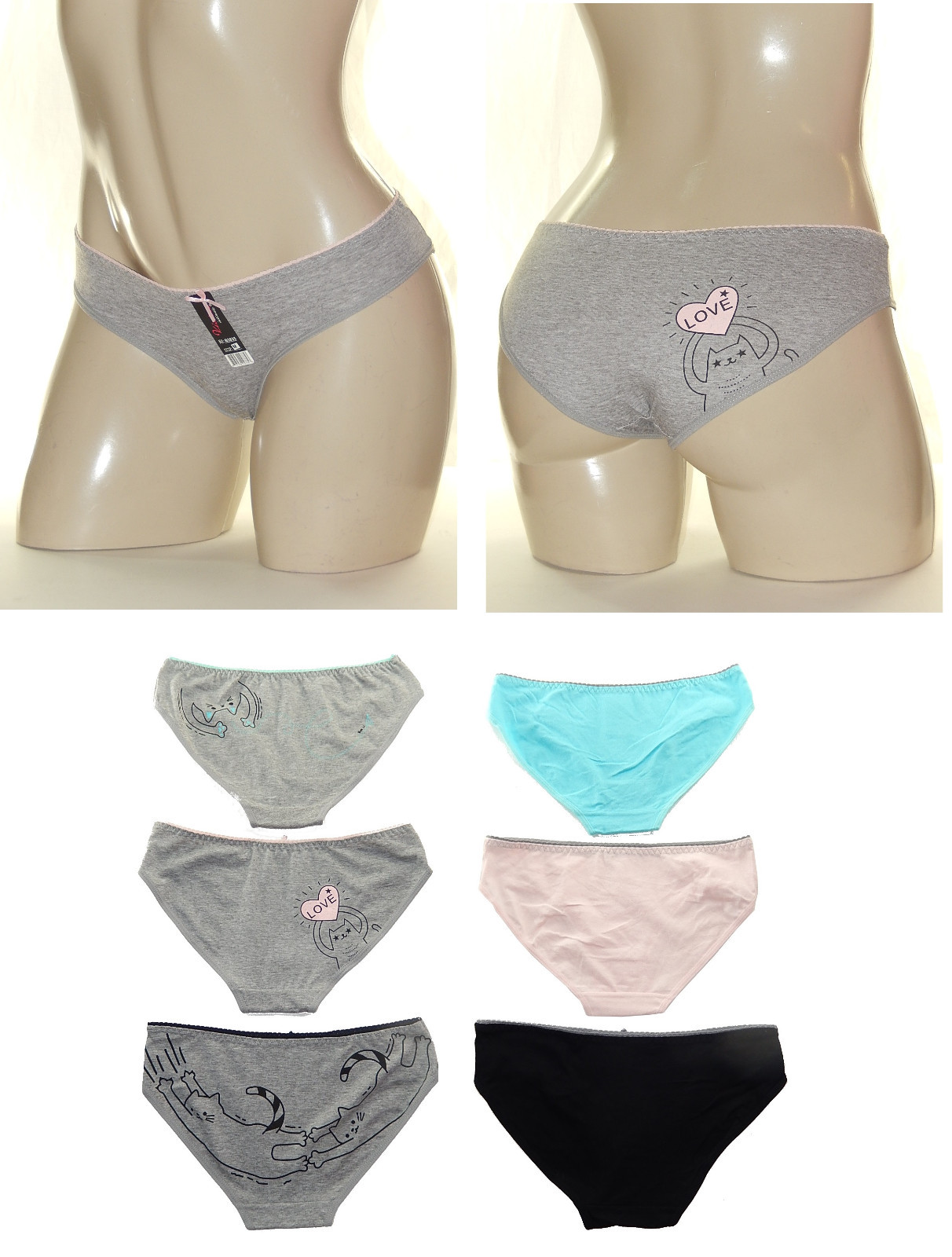 6 pc LOW RISE KITTIE CATS COTTON SPANDEX BIKINI PANTIES UNDERWEAR LOT S-XL