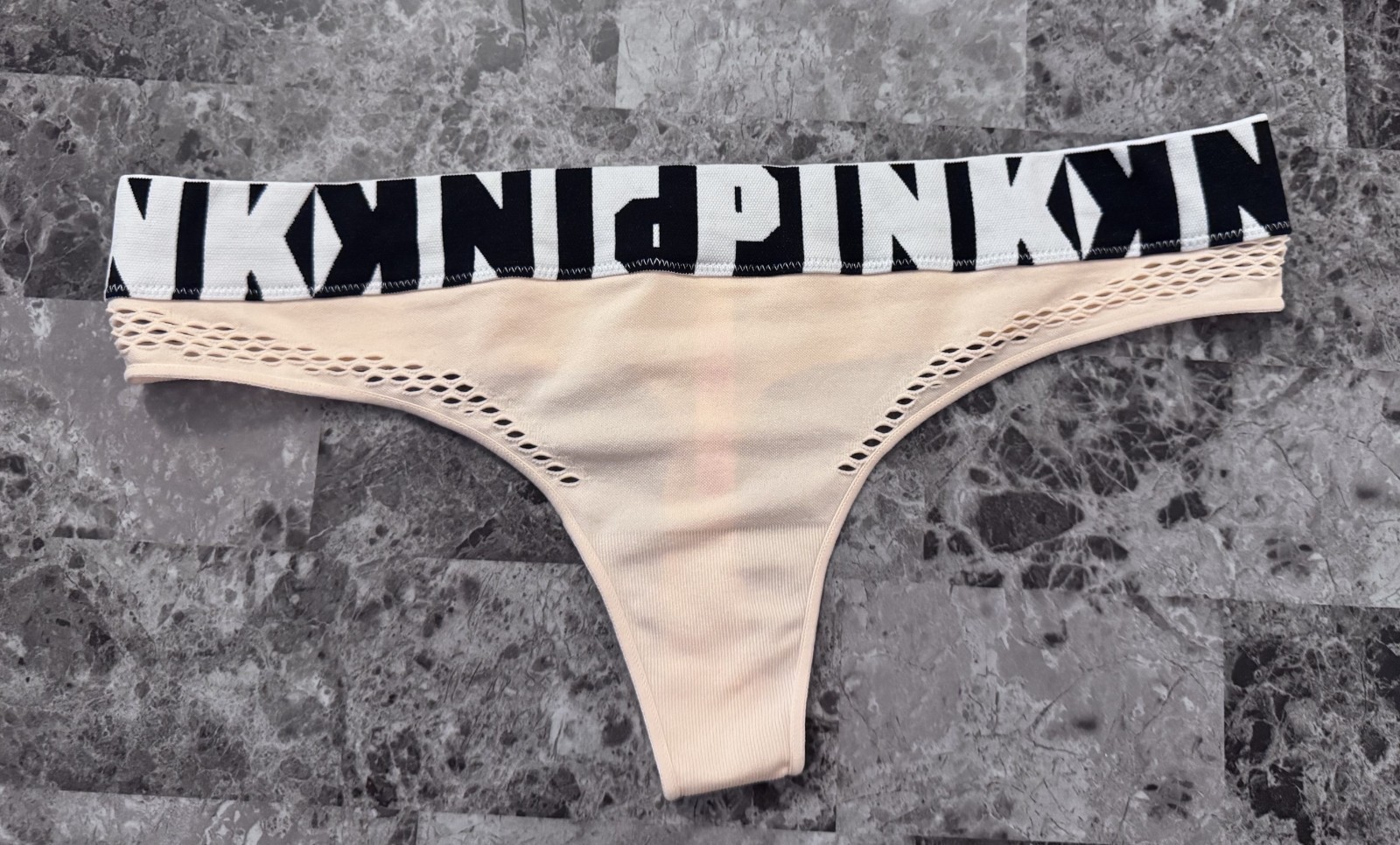 VICTORIA’S SECRET PINK L NUDE FISHNET BLACK WHITE SEAMLESS RARE THONG PANTIES