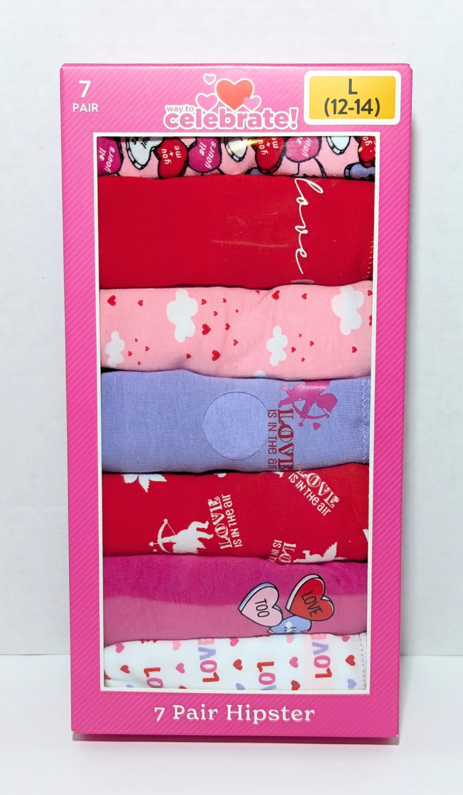 NIP Women’s 7-Pair Cotton/Spandex Hipster Panties Size Large 12/14, Love Hearts