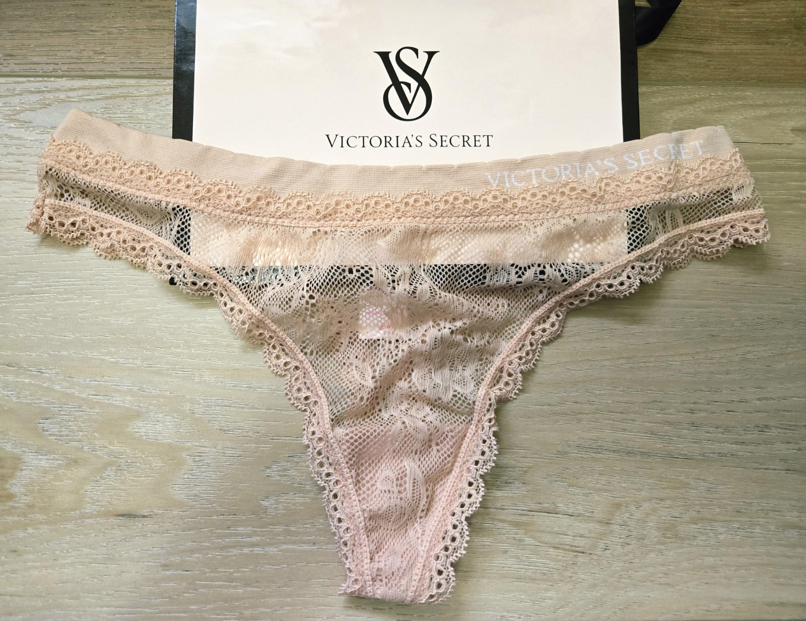 Vintage Victoria’s Secret Nude Sheer Lace Logo Waistband Thong Tanga Panties S