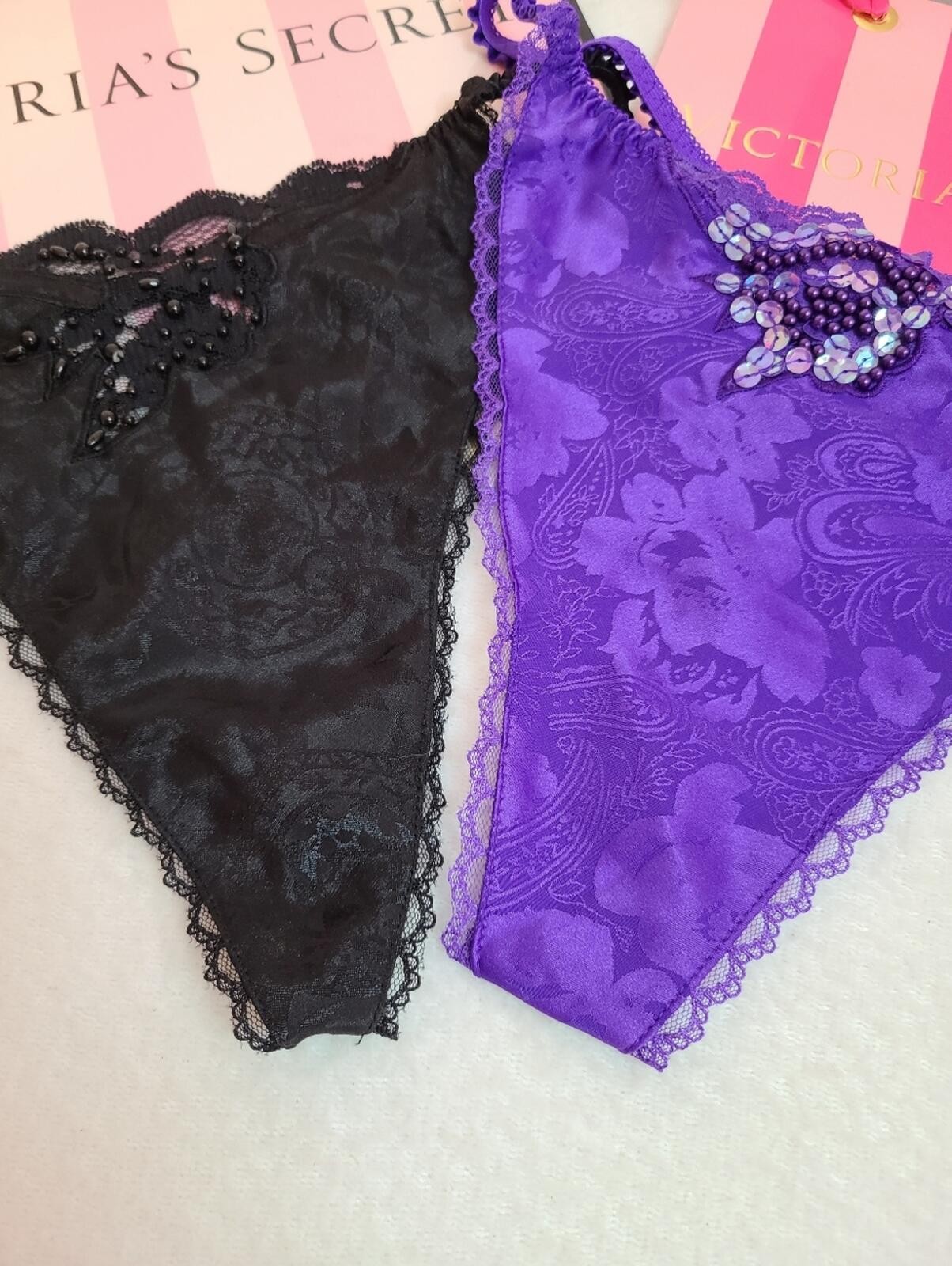 VTG Victoria’s Secret 2pk Jacquard Satin Sequin Beaded V-string Thong Panties