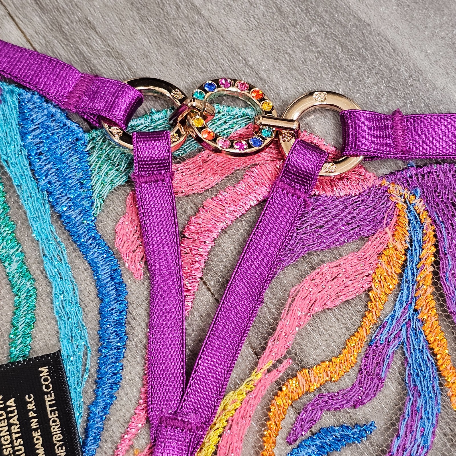 Honey Birdette Solange Rainbow Colorful Embroidered Thong Panty Size M