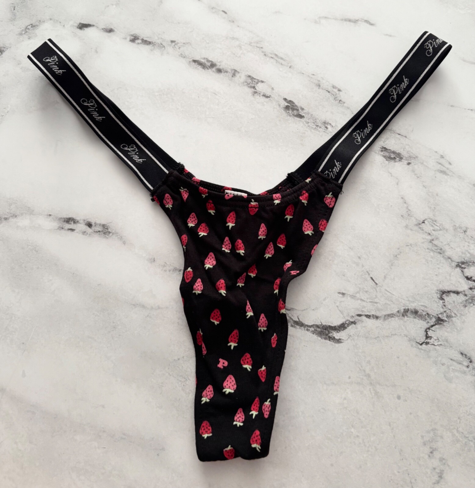 PINK Victoria’s Secret Thong Panty Black Strawberry Logo Extra Low Rise S M L XL