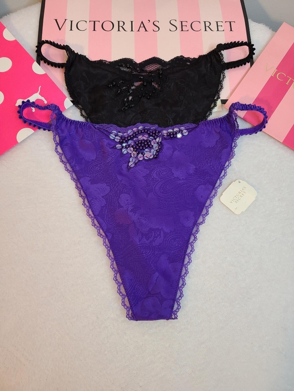 VTG Victoria’s Secret 2pk Jacquard Satin Sequin Beaded V-string Thong Panties