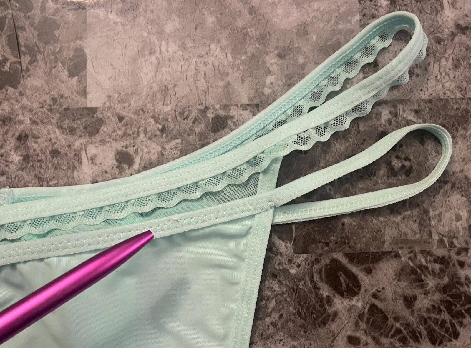 NWOT UNBRANDED LARGE AQUA SMOOTH LACE RUFFLE MESH STRAPPY RARE V THONG PANTIES