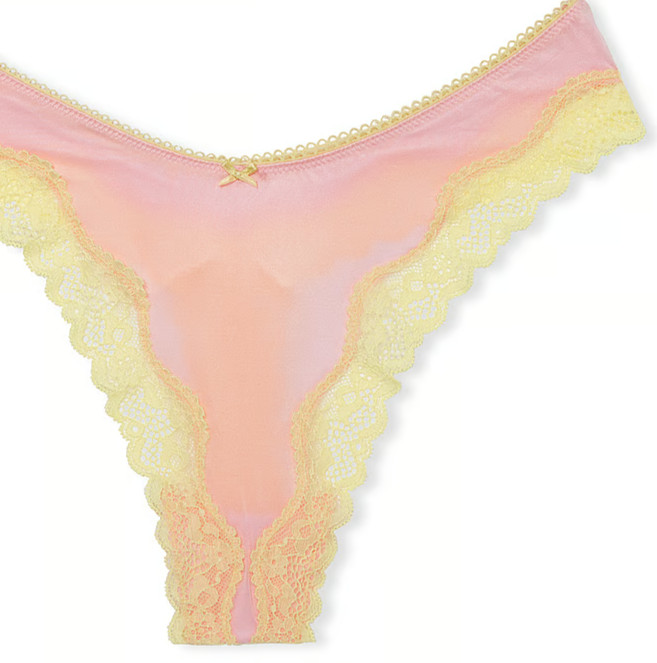 XS Lt Pink Satiny w NEON Citron Lace TEASE Victoria’s Secret HighLeg Thong Panty