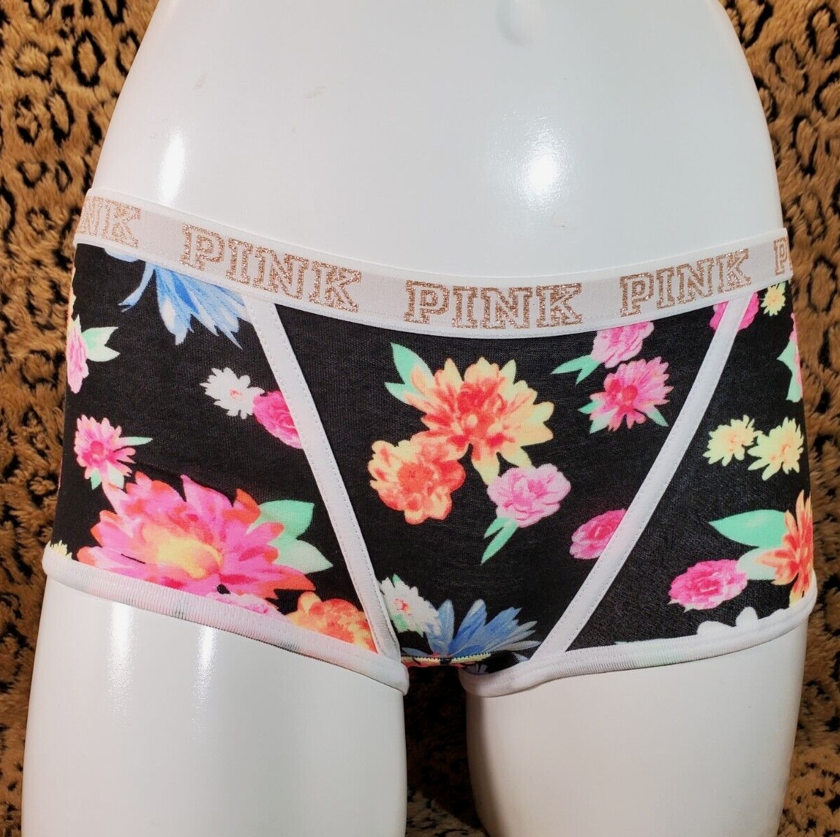 Victoria’s Secret Gold Glitter Logo Black Floral HipHugger Hipster Panty XS Sexy