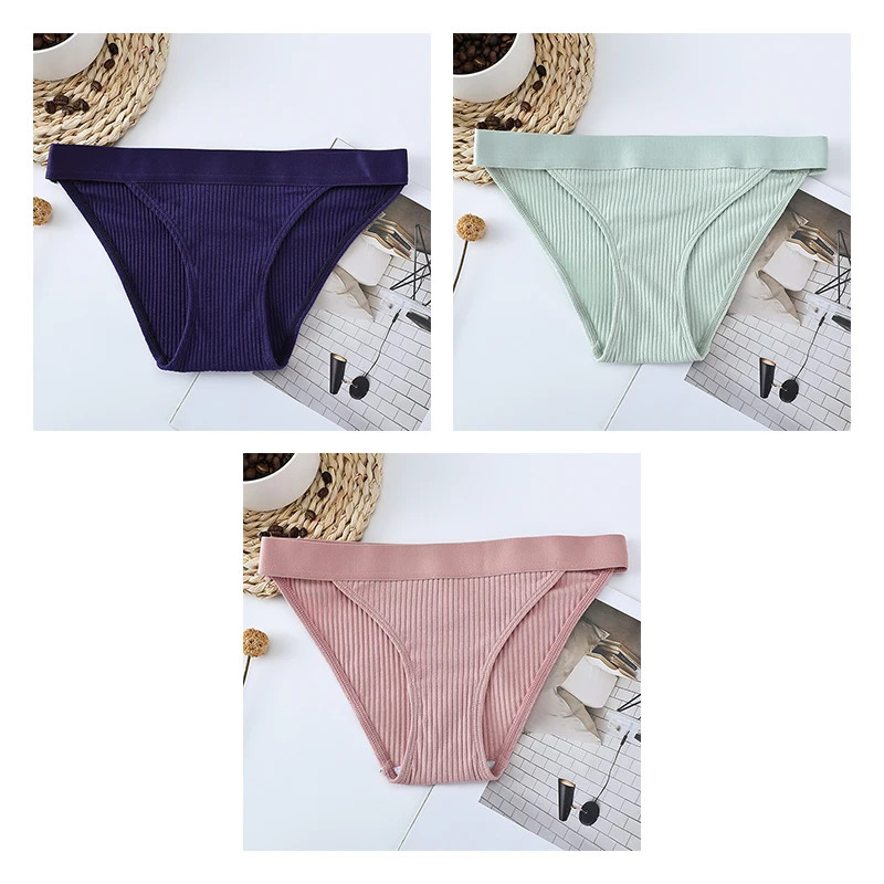 Mid Rise Brief Panties Striped Stretch Comfortable Breathable Underwear 3PCS