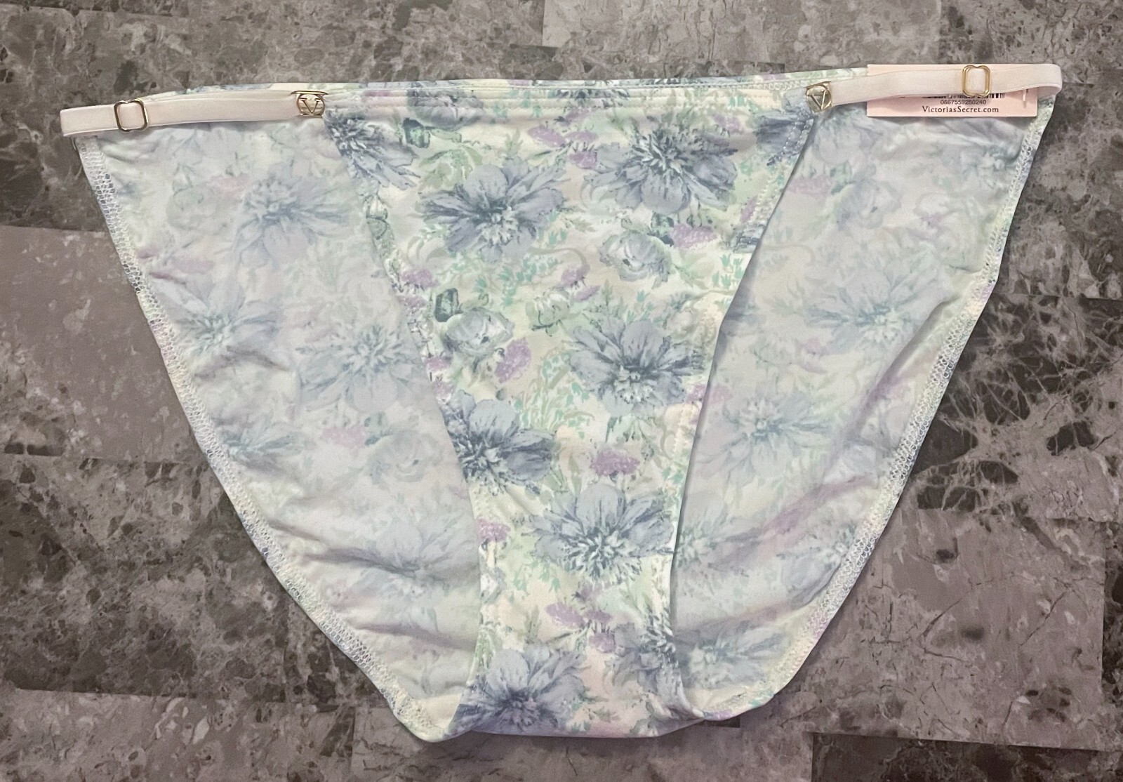 VICTORIA’S SECRET FLORAL BLUE SMOOTH GOLD ADJUSTABLE STRAP STRING BIKINI PANTIES